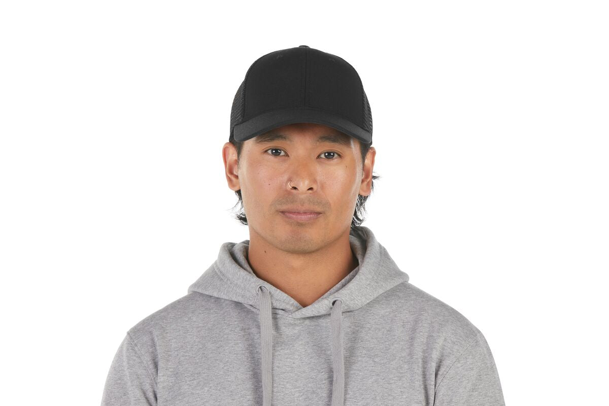 recycled-poly-low-profile-trucker-hat-e1 WebPDP-HAT002002_Recycled_Poly_Low_Profile_Trucker_Hat_Black_Studio_Harper_Studios_0723_Front__HAT002002OS.jpg